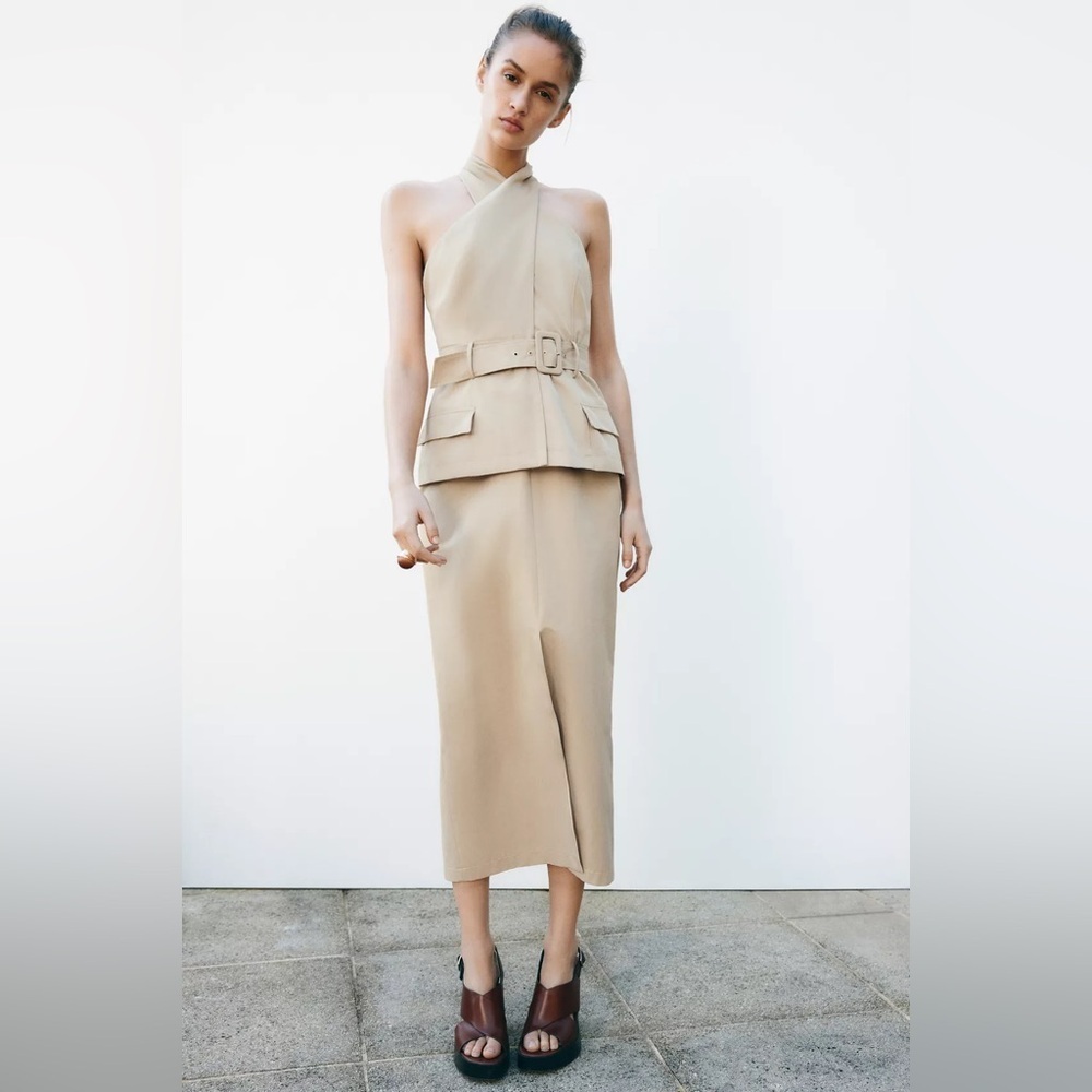 Zara warm Beige Halter crossover midi dress waist belt business casual
